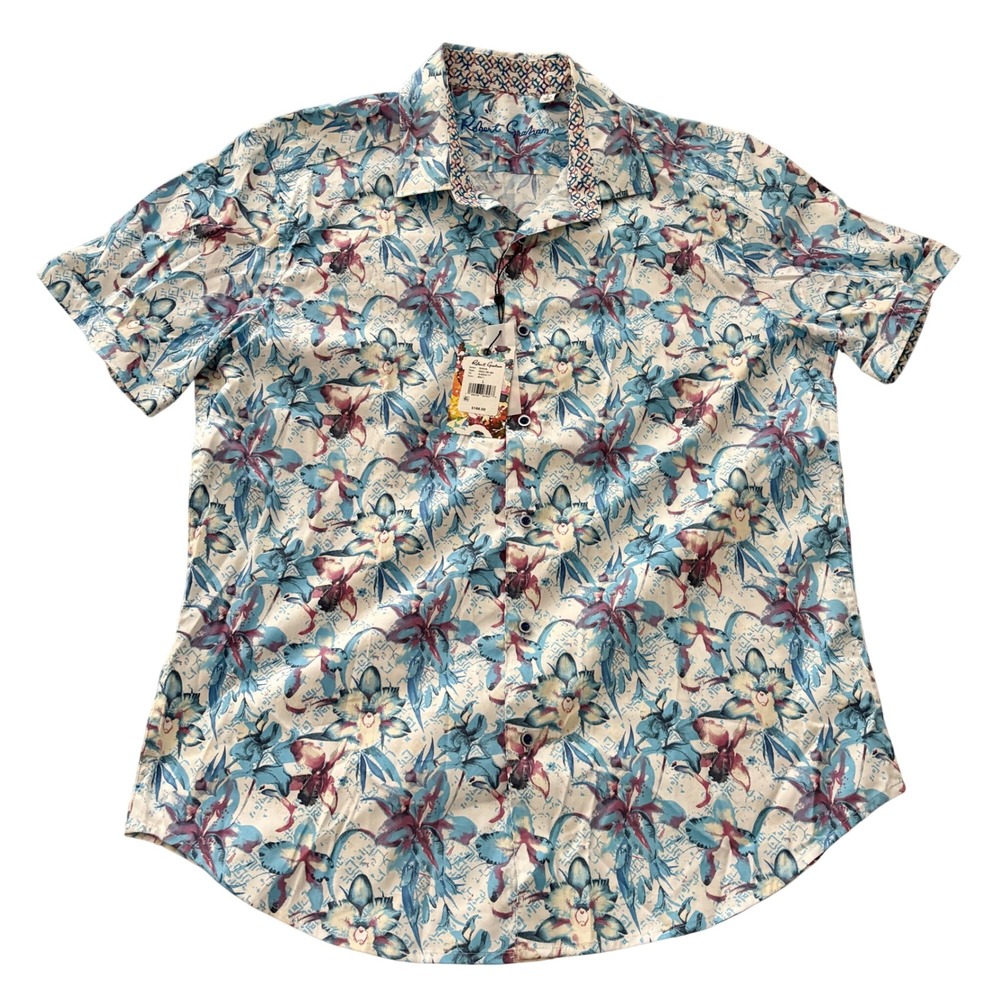 Robert Graham Shirt Mens Large Multicolor Floral Short Sleeve Button Up Stretch